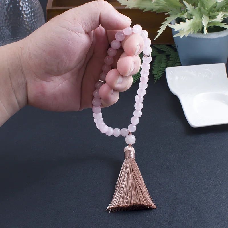 8mm Rose Quartz Islamic Muslim Tasbih 33 Bead Bracelet Men and Women Tassel Blessing Rosary Natural Semi-Precious Stone Jewelry