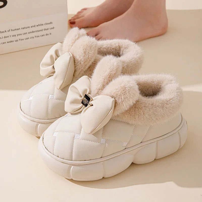 Thick soled bag with cotton slippers, women's winter new fashion bow with plush warm and waterproof snow boots for outdoor wear