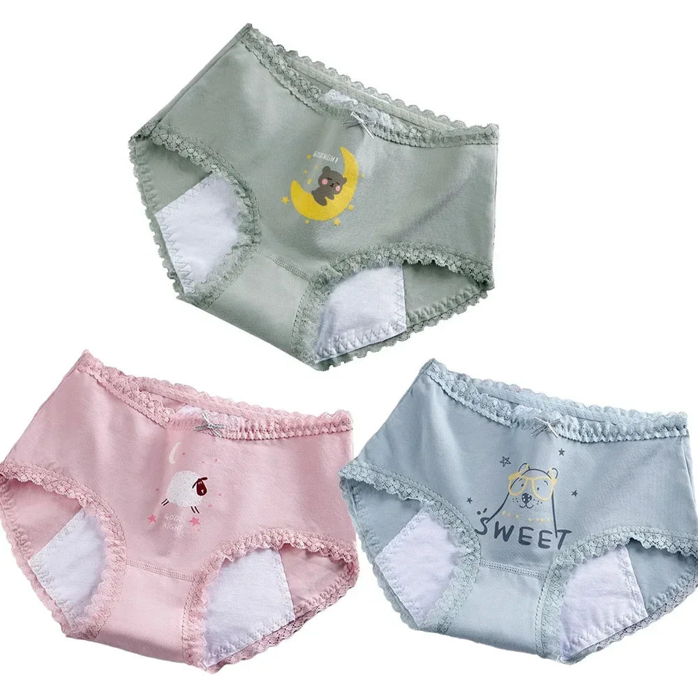 3pcs Menstrual Panties Girls Mid Waist Cartoon Bear Cotton Period Briefs Soft Leak proof Absorbent Incontinence Underwear S-XL