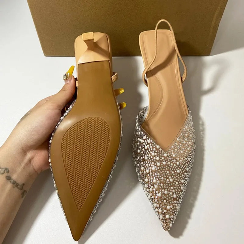 2025 Summer Women's High Heeled Sandals Transparent Pointed Toe Elegant Ladies Fashion Shoes Pearl Decoration Slingback Sandal