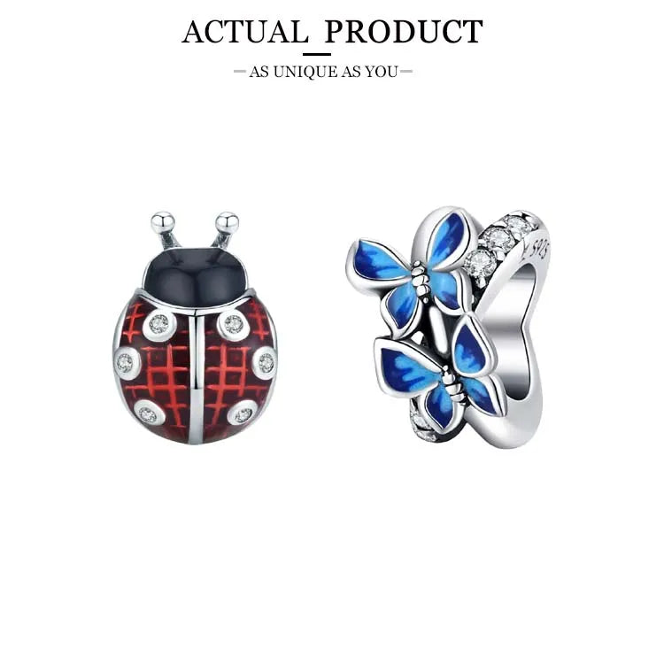 WOSTU 925 Sterling Silver Animal Cat Charm Pendant Heart Family Ladybug Bee Beads Fit Original Bracelet DIY Jewelry For Women