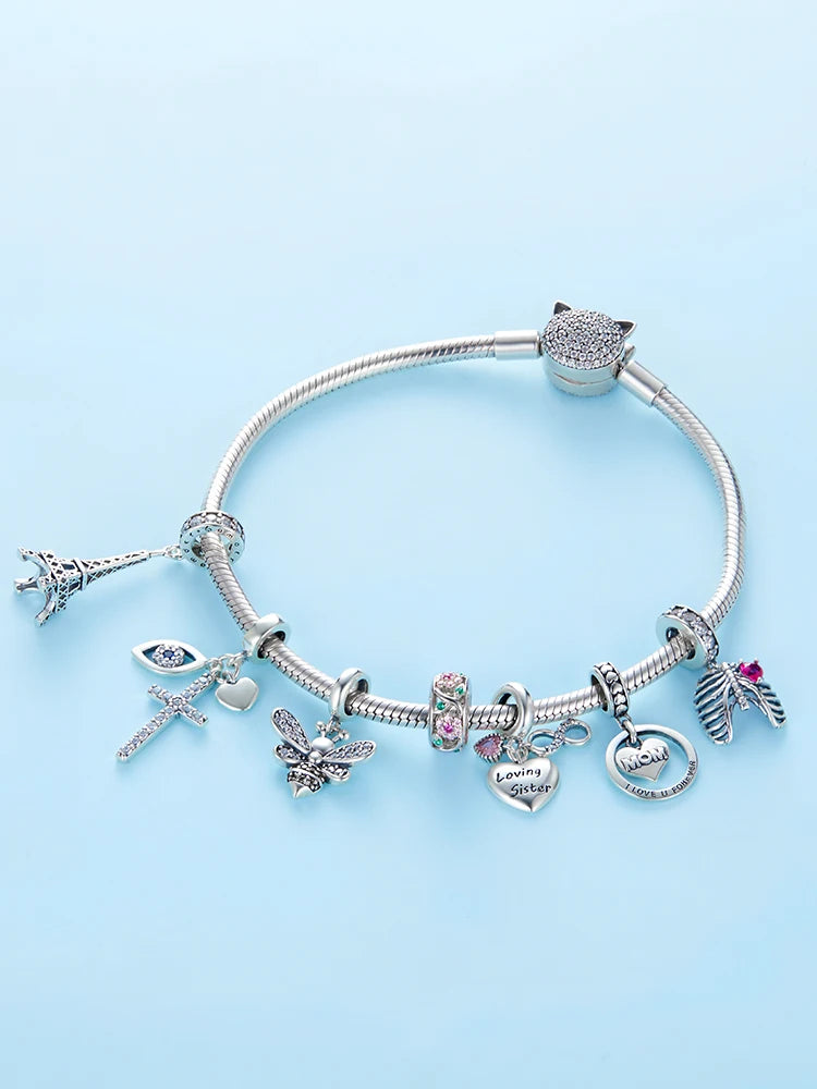 WOSTU 925 Sterling Silver Animal Cat Charm Pendant Heart Family Ladybug Bee Beads Fit Original Bracelet DIY Jewelry For Women