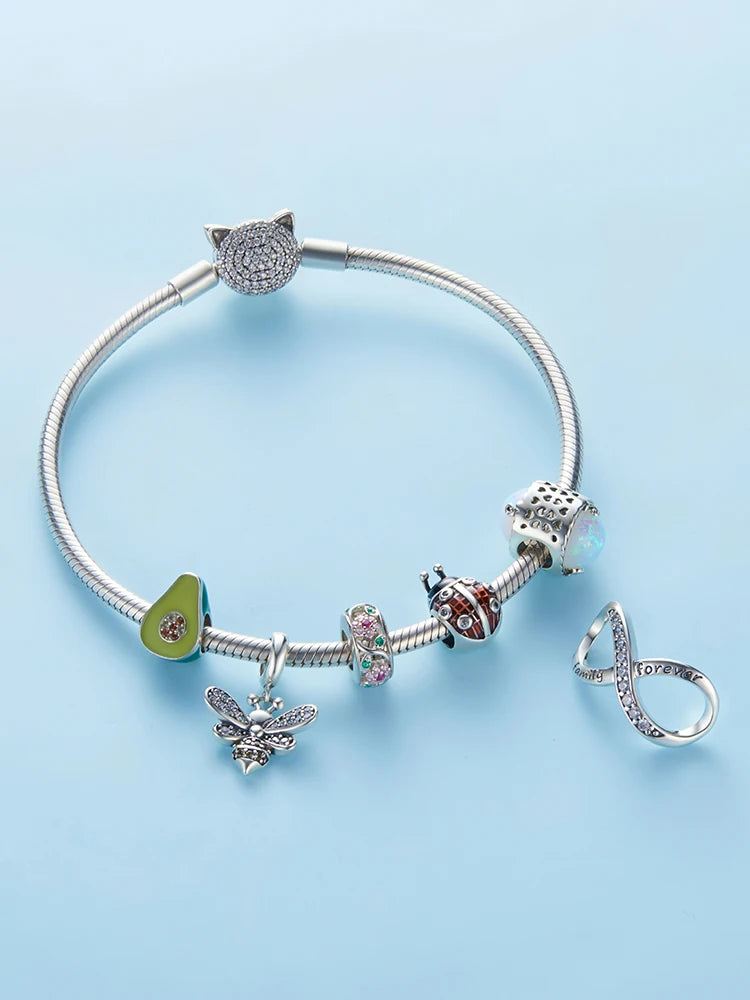 WOSTU 925 Sterling Silver Animal Cat Charm Pendant Heart Family Ladybug Bee Beads Fit Original Bracelet DIY Jewelry For Women