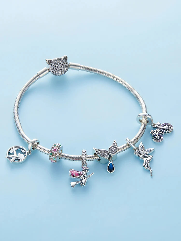 WOSTU 925 Sterling Silver Animal Cat Charm Pendant Heart Family Ladybug Bee Beads Fit Original Bracelet DIY Jewelry For Women