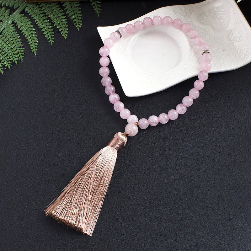 8mm Rose Quartz Islamic Muslim Tasbih 33 Bead Bracelet Men and Women Tassel Blessing Rosary Natural Semi-Precious Stone Jewelry