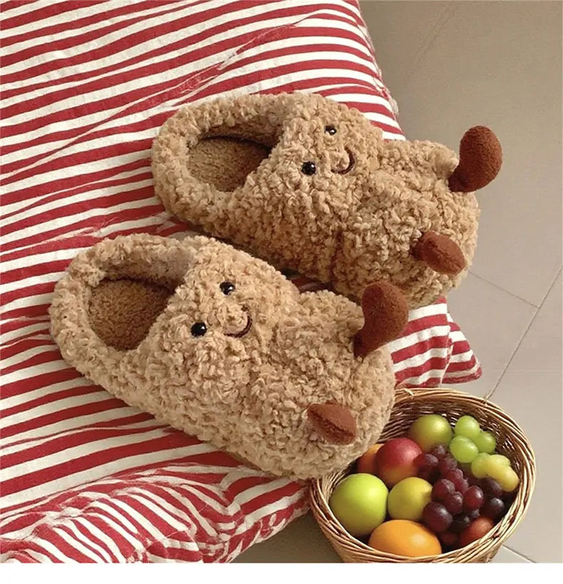 Creative and Fun Peanut-Shaped Home Warm Cotton Slippers for Women, Ins-Style Plush Non-Slip Winter Indoor Ladies' Slippers
