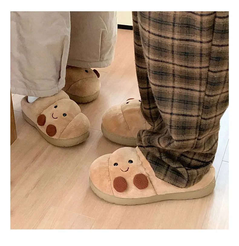 Fun Croissant Bread Cotton Slippers for Men and Women, Winter Couple Home Use, Thick-Soled Non-Slip Home Slippers for Women