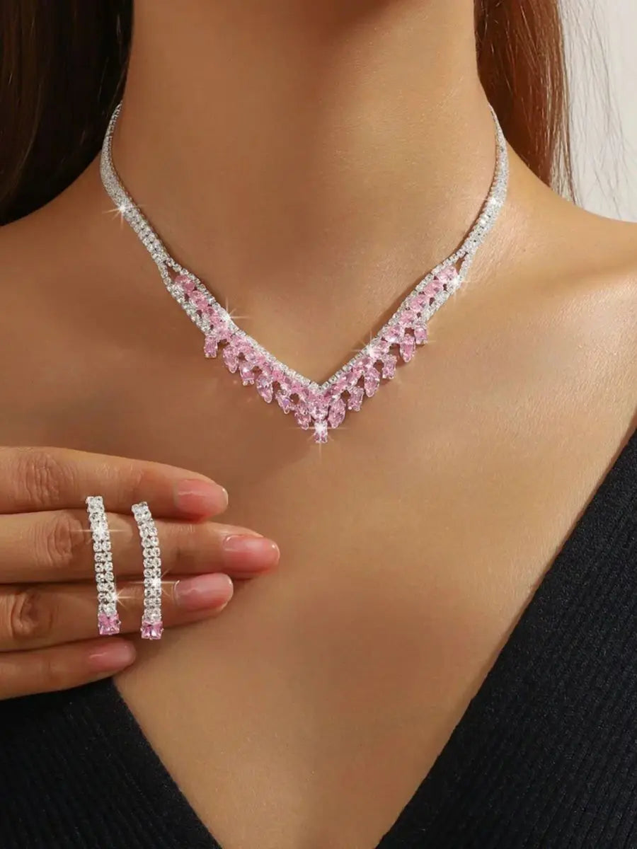 Ladies' Fashionable Silver-Plated And Diamond-Encrusted Metal Necklace, Earrings Set, Bride'S Wedding Attire And Accessories