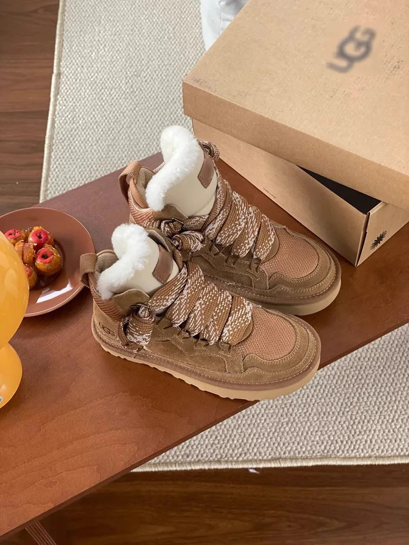 Women's cotton shoes 2025 new snow boots with plush and thickened fur integrated warmth and anti slip winter women's shoes