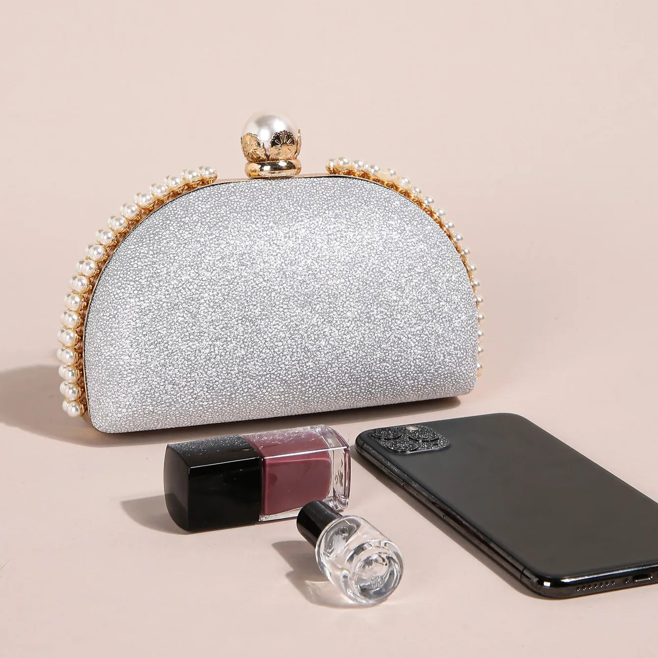 1PC Luxury Faux Pearl Decor Evening Bag,Big Faux Pearl Closure Sparkling Women's Clutch Purse For Wedding Prom Party