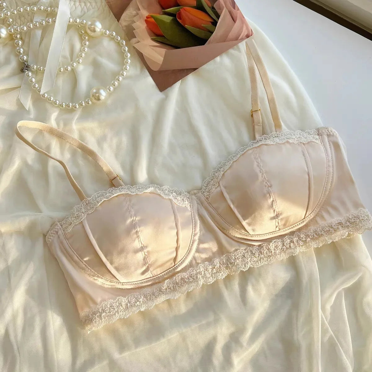 French Satin Seashell Cup Lace Rimmed Lingerie Women's Underwire Thin Half Cup Sexy Girl Bra