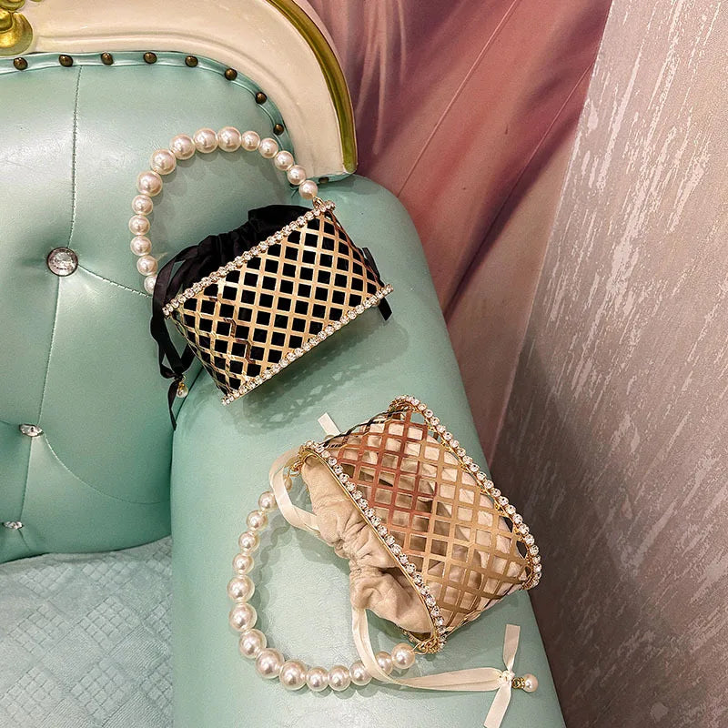 Fashion Pearl Beaded Handheld Women Handbag Gold Metal Cage Glitter Diamond Evening Bag Wedding Party Clutch Purse Crossbody Bag