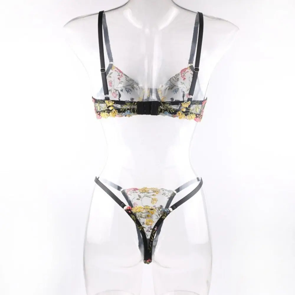 2-Piece Sexy Floral Lingerie Set Embroidery Sheer Women Underwear Boho Bra Panty Set