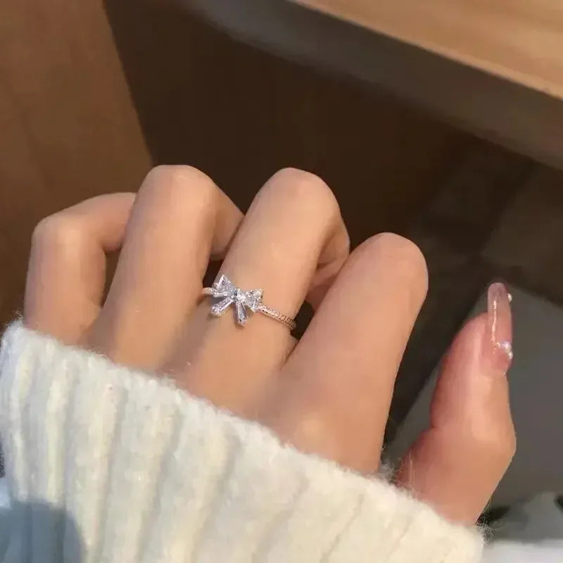 Elegant Bowknot Y2K Rings For Women Fashion Zircon Flower Rings Adjustable Exquisite Rings Design Wedding Party Jewelry Gifts