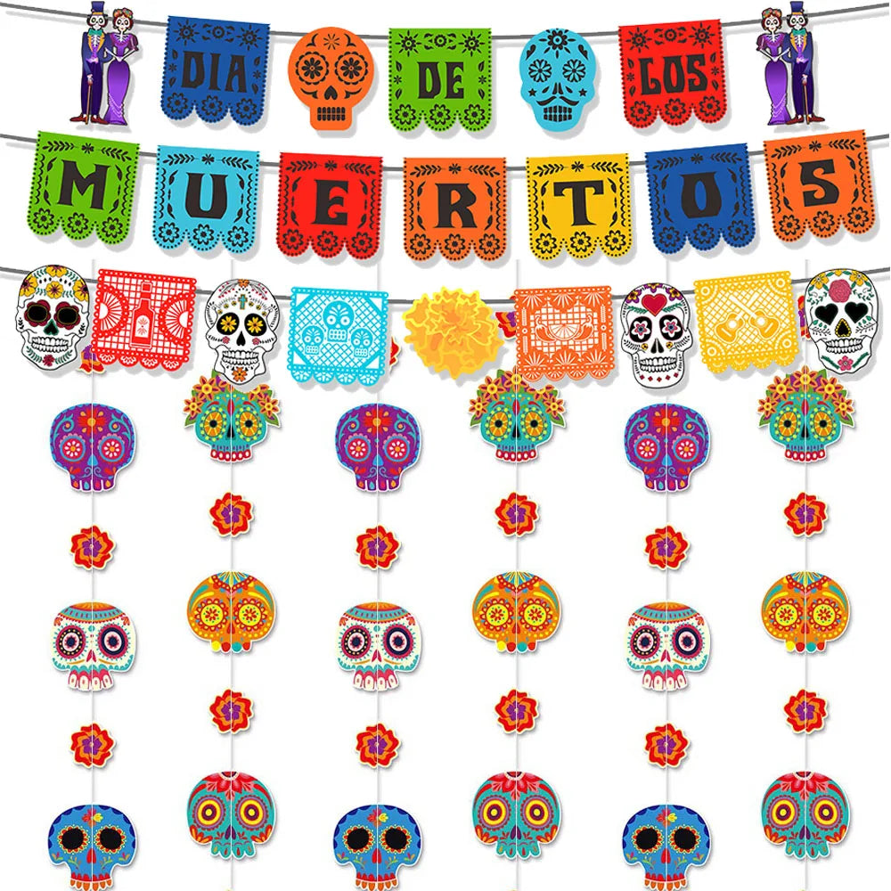 Mexico Day of the Dead Theme Party Hanging Decor Skull Banner Spiral Swirl Halloween Party Decoration Supplies