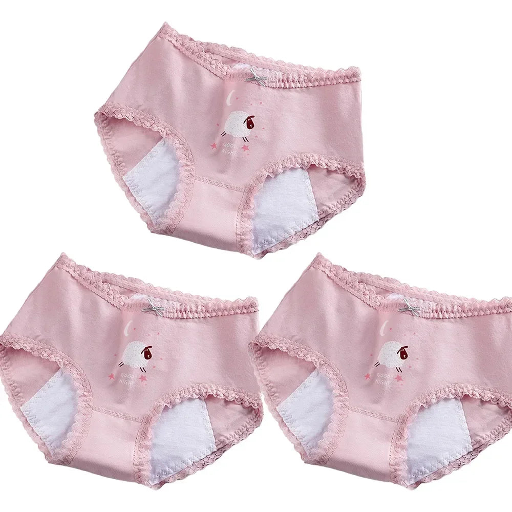 3pcs Menstrual Panties Girls Mid Waist Cartoon Bear Cotton Period Briefs Soft Leak proof Absorbent Incontinence Underwear S-XL