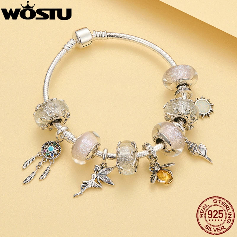 WOSTU 925 Sterling Silver Animal Cat Charm Pendant Heart Family Ladybug Bee Beads Fit Original Bracelet DIY Jewelry For Women