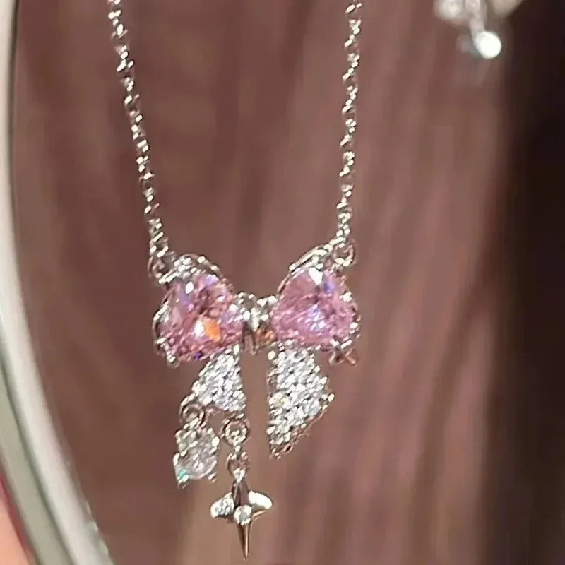 Fashion Fairy Pink Crystal Bow Knot Pendant Necklaces Y2K Girls Sweet Rhinestone Heart Clavicle Chain Women Jewelry Gifts