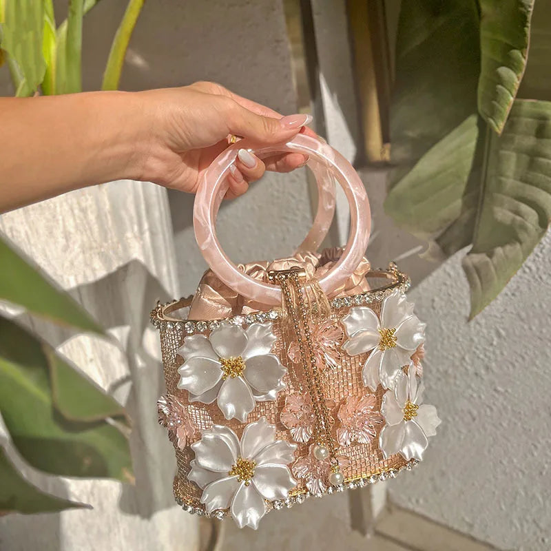 Hollow Out Metal Cage Handbag Women's Flower Clutch Purse Crystal Shiny Rhinestone Diamond Evening Bag Wedding Party