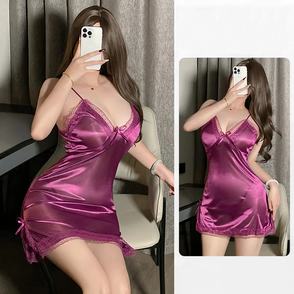 Sexy Women's Translucent Nightwear Satin Suspender Short Nightdress Thin Lace Slit Bow Female Exotic Nightgown Sleepwear