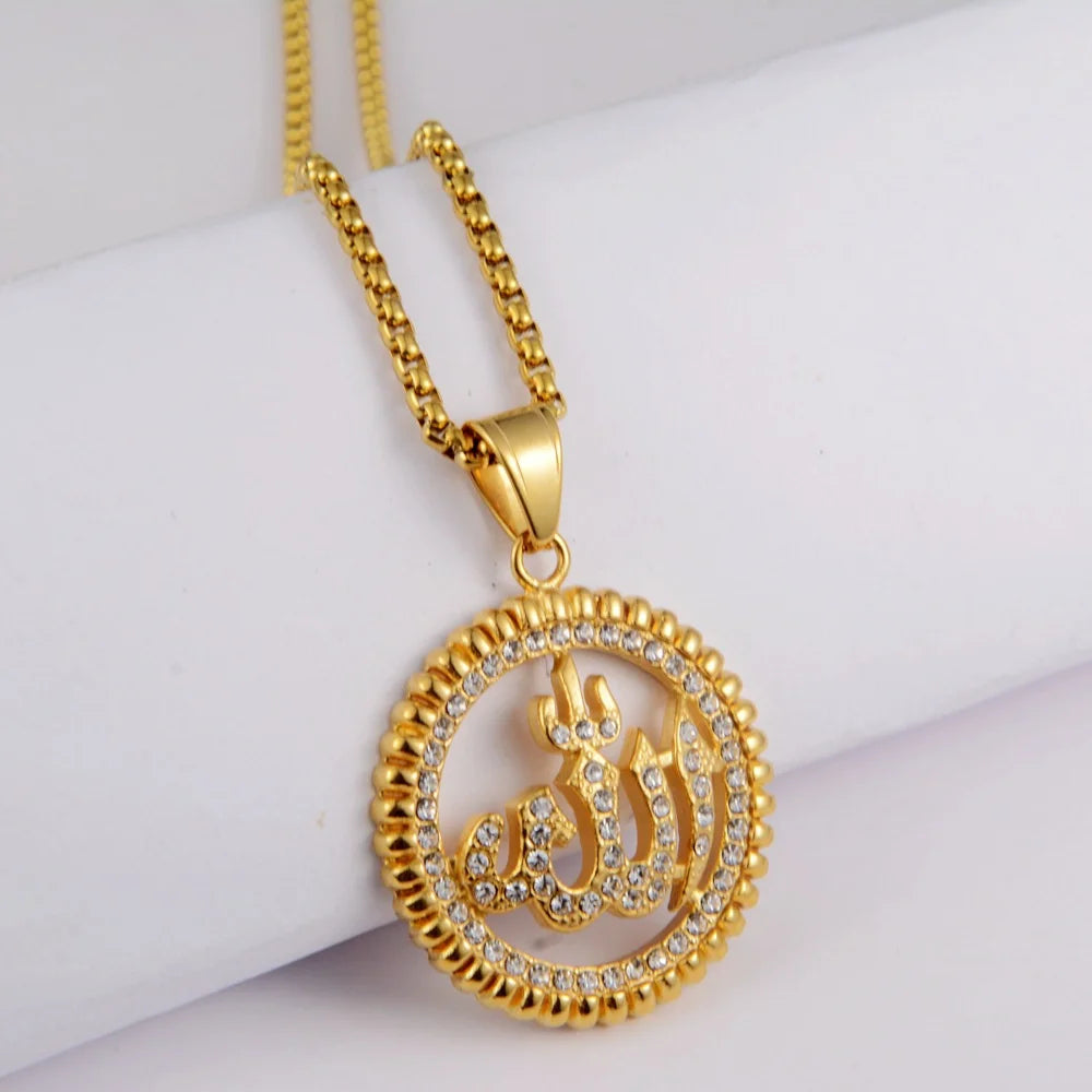 Hip Hop Iced Out Islamic Muslim Allah Pendant Gold Color Stainless Steel Round Necklace For Men Women Islam Jewelry Gift 2025