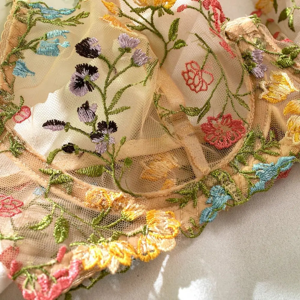 2-Piece Sexy Floral Lingerie Set Embroidery Sheer Women Underwear Boho Bra Panty Set