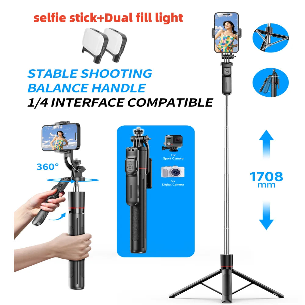 MEUYAG Selfie Stick Tripod with 1708mm Long Monopod Fill Light, Bluetooth Remote, 360° Rotation, 1/4 Interface, for mobile phone