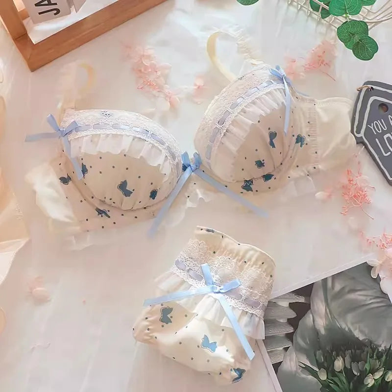 Lolita Women's Bra Set Small Breasts Gathering Up Bra Adjustable Collecting Vice Breasts No Steel Ring Bra Set