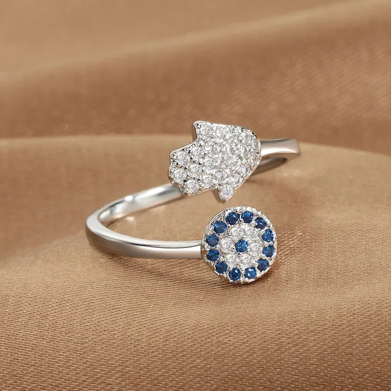 YILUOCD Hamsa Fatima's Hand Open Rings Turkish Blue Cubic Zircon Evil Eye Ring Protection Amulet Islamic Jewish Jewelry