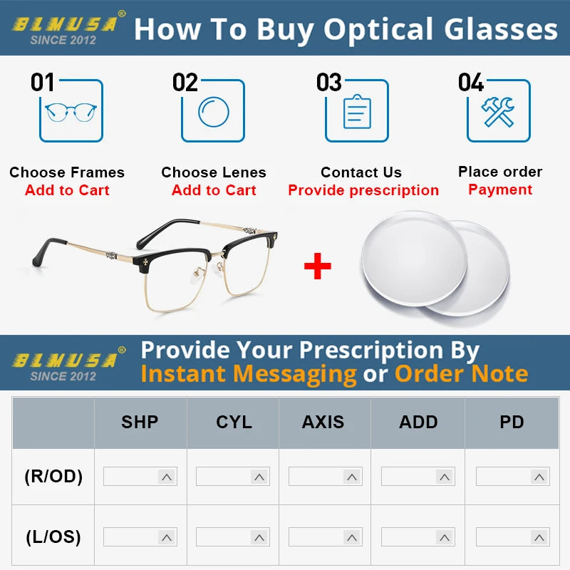 BLMUSA Men Classic Chrome Style Hearts Reading Glasses Anti Blue Light Myopia Glasses Photochromic Prescription Optical Eyewear