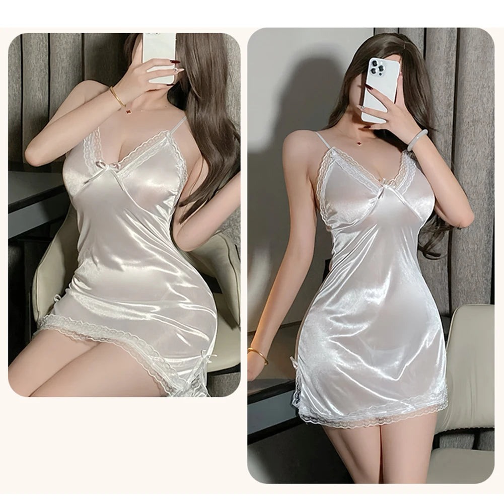 Sexy Women's Translucent Nightwear Satin Suspender Short Nightdress Thin Lace Slit Bow Female Exotic Nightgown Sleepwear
