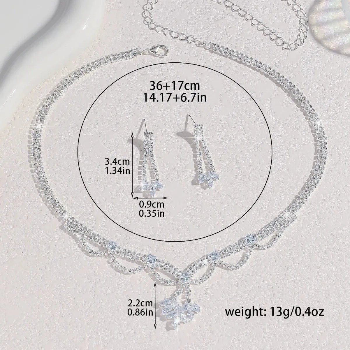 Ladies' Fashionable Silver-Plated And Diamond-Encrusted Metal Necklace, Earrings Set, Bride'S Wedding Attire And Accessories