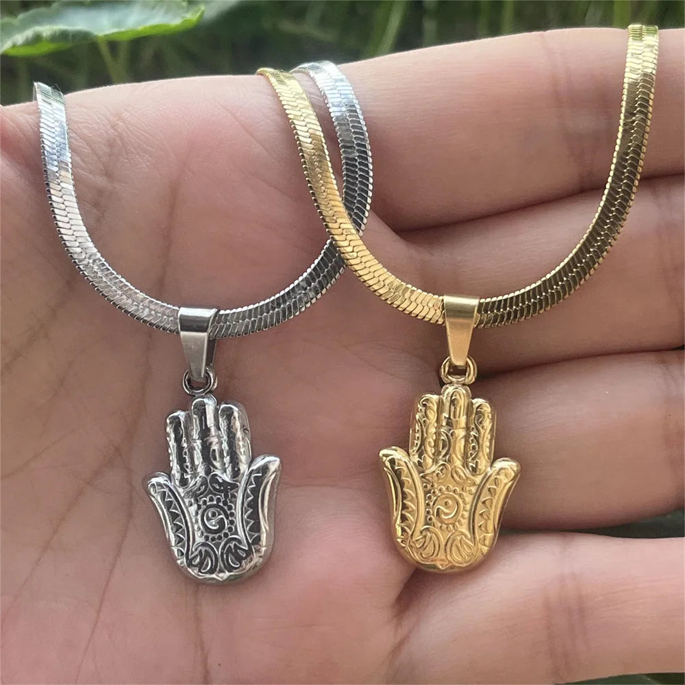 Hamsa Hand Pendant Necklace Women Men Amulet Stainless Steel Herringbone Snake Chain Hand of Fatima Choker Islamic Jewelry
