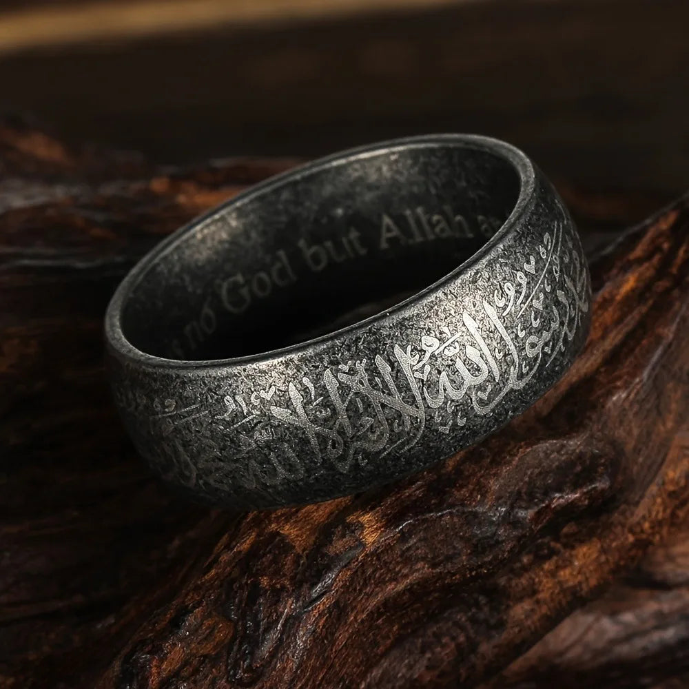 Vintage Arabic Islamic Scripture Words Rings For Men Women Stainless Steel Muslim Religious Prayer Ring Retro Amulet Jewelry
