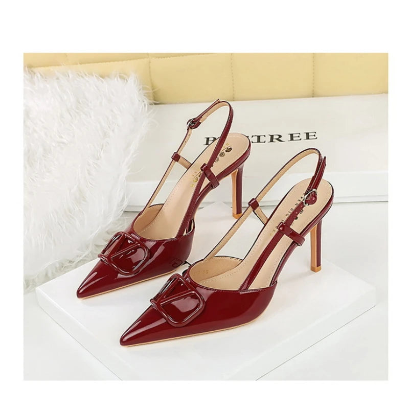 French Elegant And Fashionable V-Shaped Square Buckle Pointed High Heels For Women's Thin Heel Patent Leather Tripping Women's