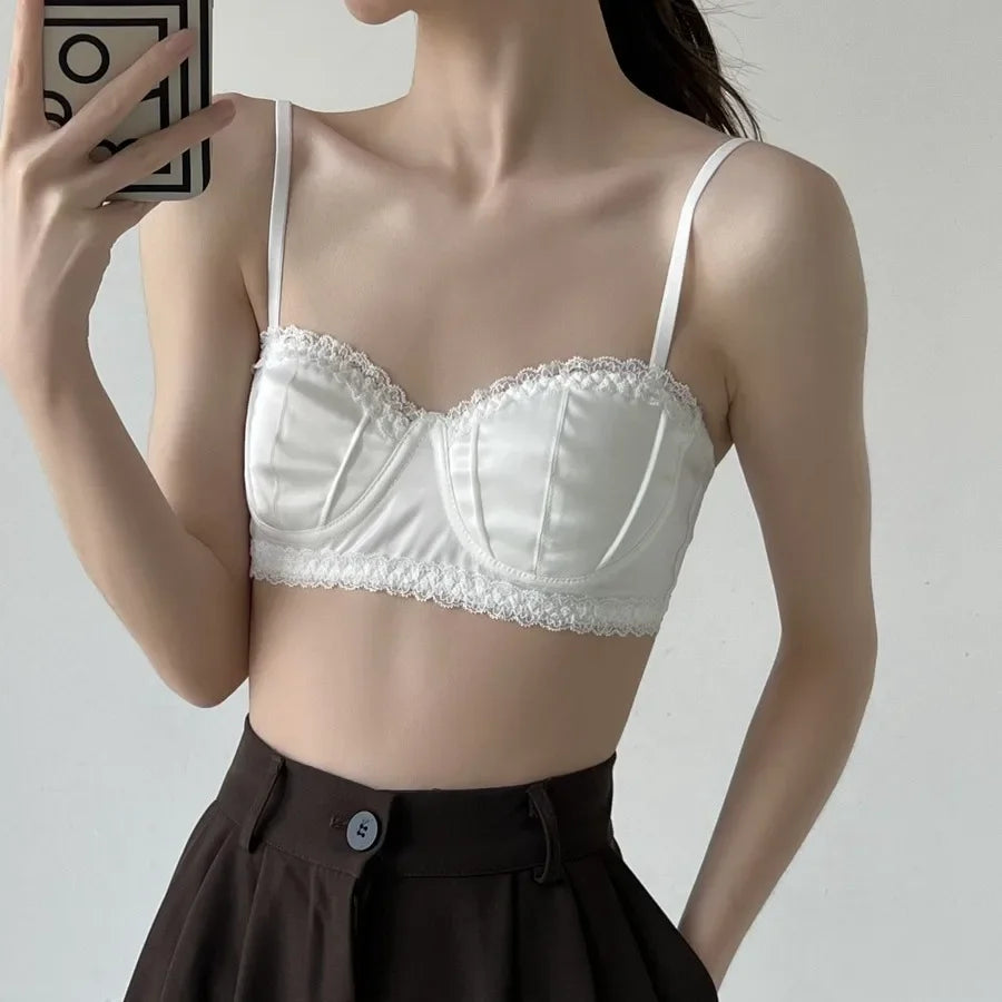 French Satin Seashell Cup Lace Rimmed Lingerie Women's Underwire Thin Half Cup Sexy Girl Bra
