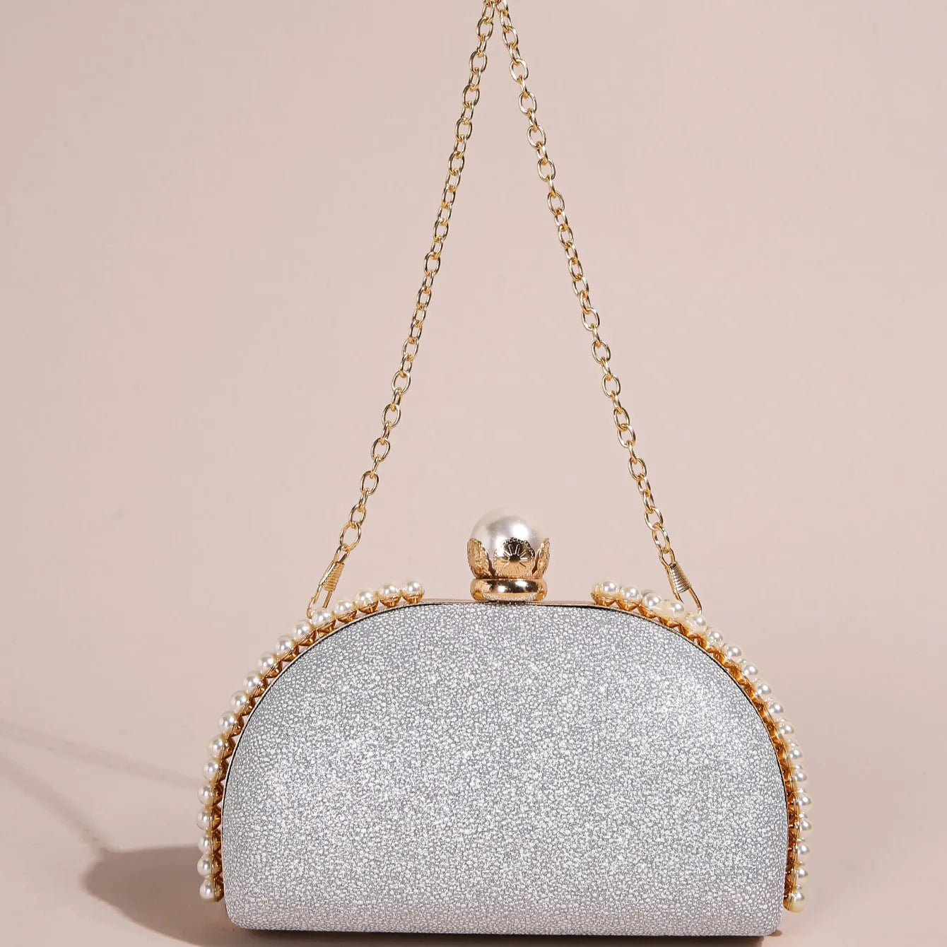 1PC Luxury Faux Pearl Decor Evening Bag,Big Faux Pearl Closure Sparkling Women's Clutch Purse For Wedding Prom Party