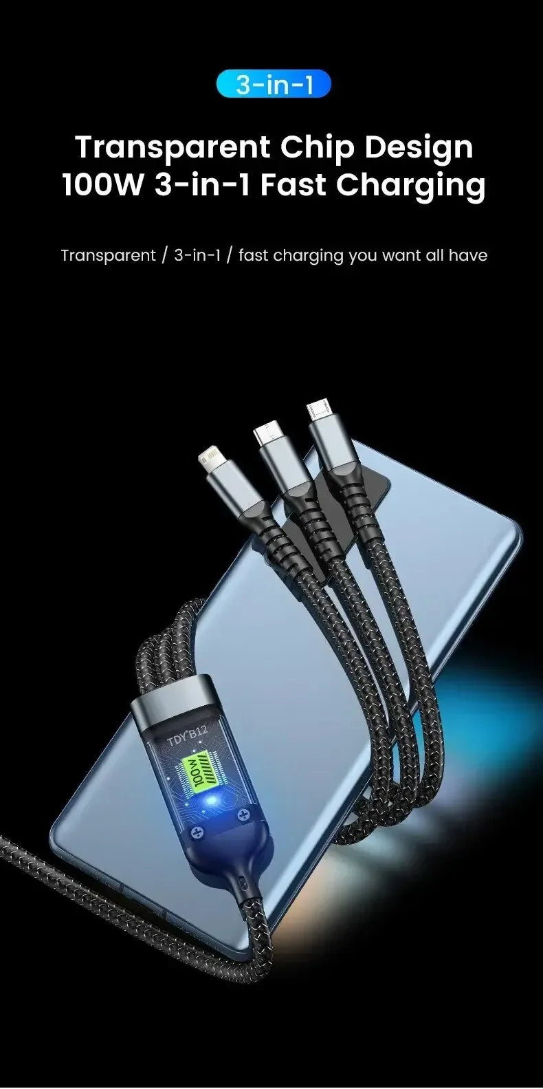 Luminous data cable 3 in1 mobile phone charging cable 100W fast charge braid typec data cable for iPhone Samsung Xiaomi Huawei