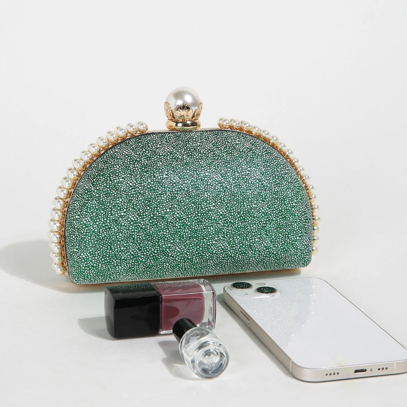 1PC Luxury Faux Pearl Decor Evening Bag,Big Faux Pearl Closure Sparkling Women's Clutch Purse For Wedding Prom Party