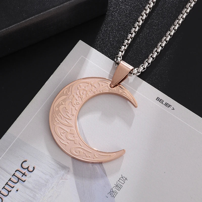 Ayatul Kursi Arabic Religious Moon Pendant Necklace for Women God Messager Islam Muslim Stainless Steel Jewelry