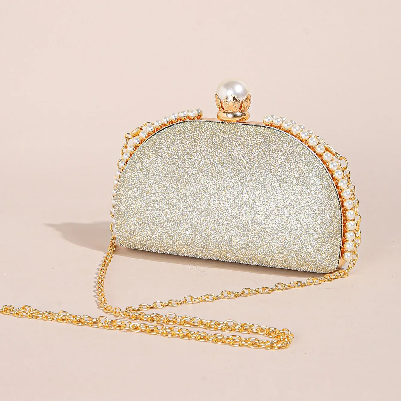 1PC Luxury Faux Pearl Decor Evening Bag,Big Faux Pearl Closure Sparkling Women's Clutch Purse For Wedding Prom Party