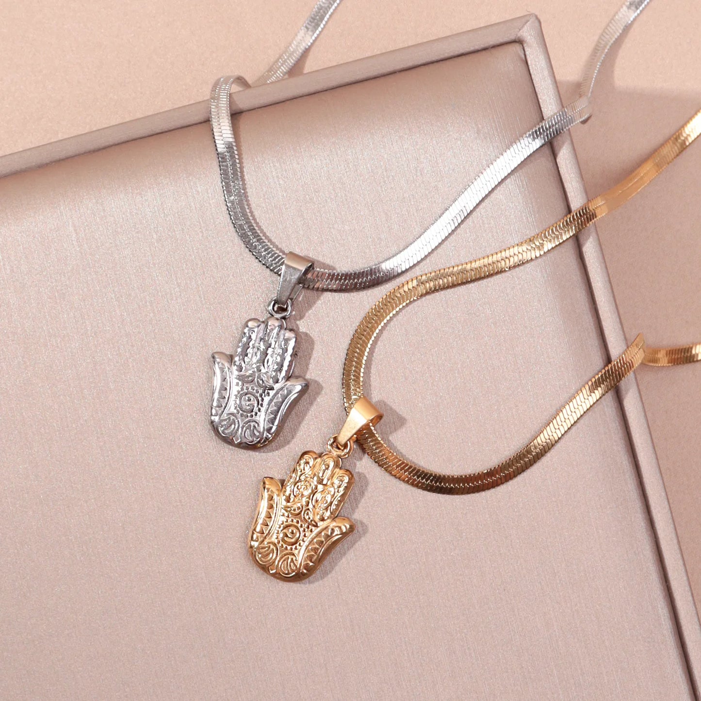 Hamsa Hand Pendant Necklace Women Men Amulet Stainless Steel Herringbone Snake Chain Hand of Fatima Choker Islamic Jewelry