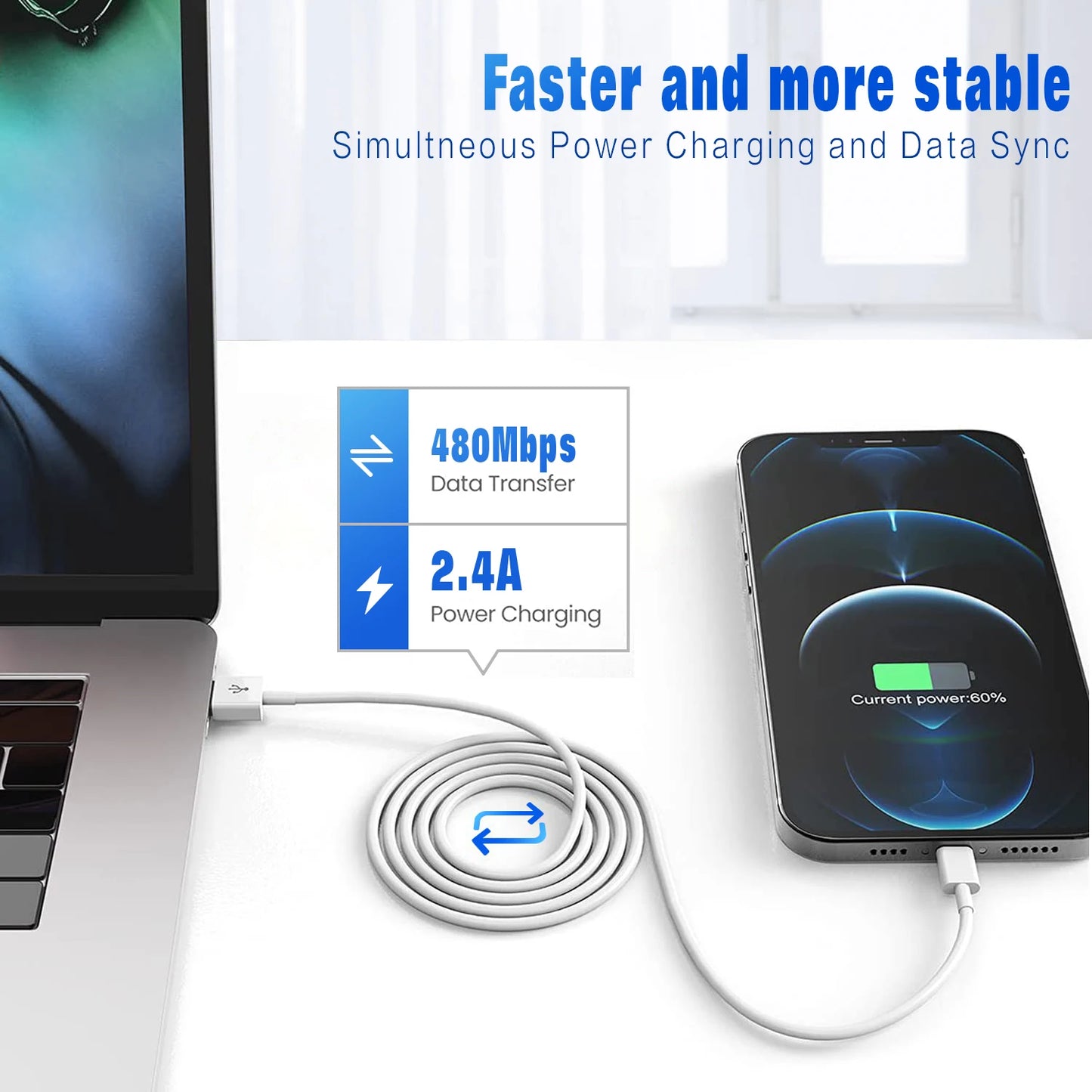 3A USB Cable For iPhone 14 13 12 11 Pro Max X XR 6s 7 8 Plus  3ft  6ft Lead Mobile Phone Fast Charging Cord Data Charger Wire