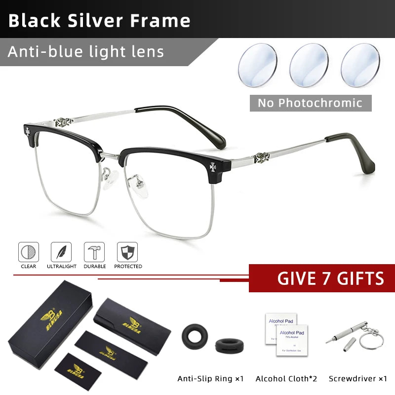 BLMUSA Men Classic Chrome Style Hearts Reading Glasses Anti Blue Light Myopia Glasses Photochromic Prescription Optical Eyewear