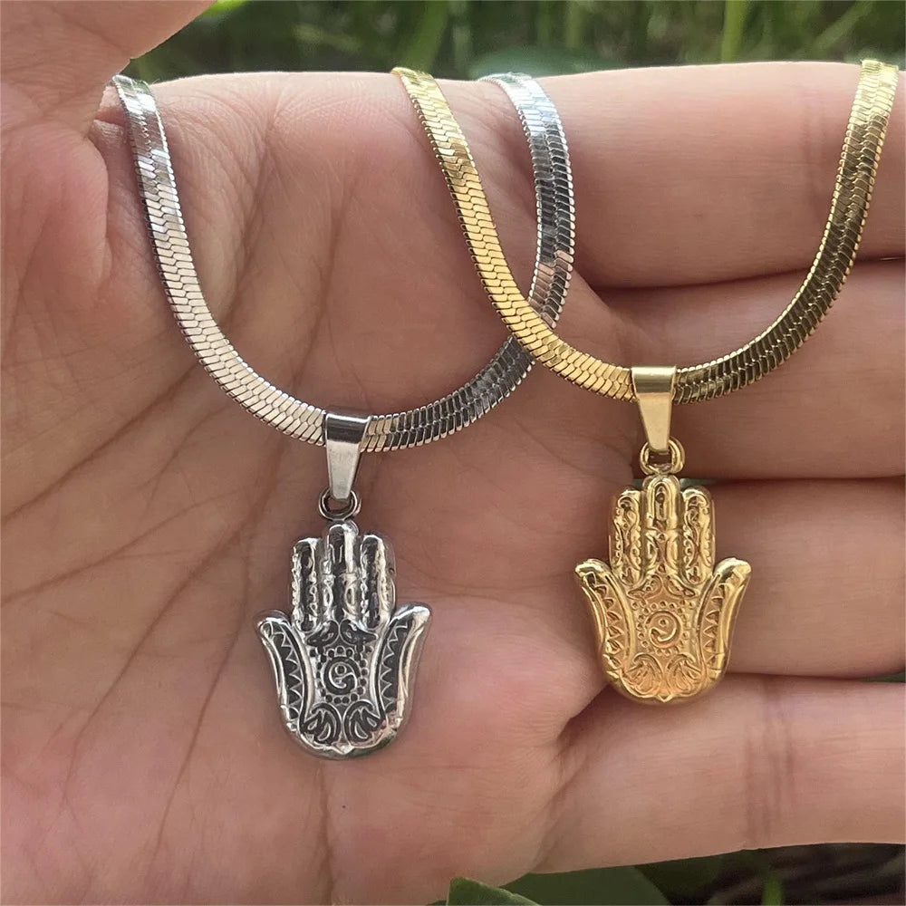 Hamsa Hand Pendant Necklace Women Men Amulet Stainless Steel Herringbone Snake Chain Hand of Fatima Choker Islamic Jewelry