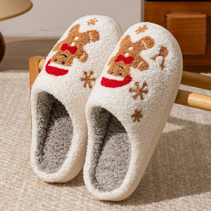 Winter Women's Warm Christmas Slippers Cute Pattern Indoor Soft Sole Comfortable Casual Gingerbread Gift Home Shoes