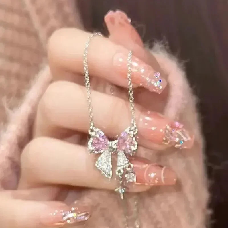 Fashion Fairy Pink Crystal Bow Knot Pendant Necklaces Y2K Girls Sweet Rhinestone Heart Clavicle Chain Women Jewelry Gifts