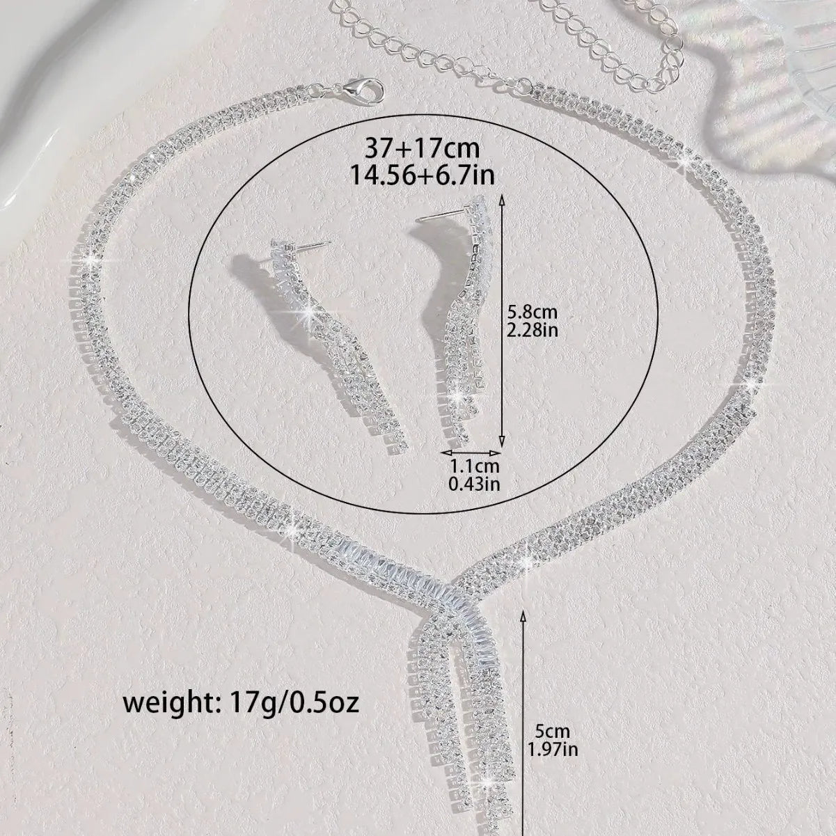 Ladies' Fashionable Silver-Plated And Diamond-Encrusted Metal Necklace, Earrings Set, Bride'S Wedding Attire And Accessories