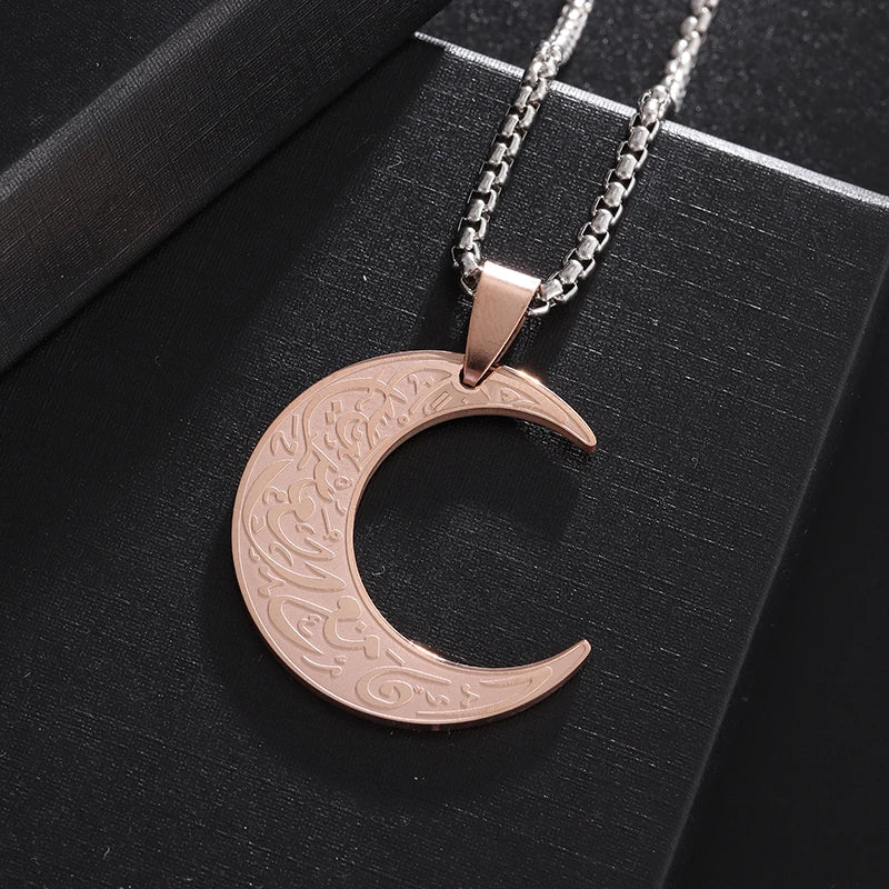 Ayatul Kursi Arabic Religious Moon Pendant Necklace for Women God Messager Islam Muslim Stainless Steel Jewelry