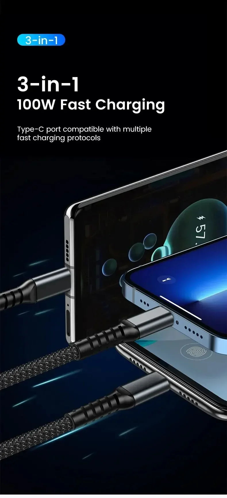 Luminous data cable 3 in1 mobile phone charging cable 100W fast charge braid typec data cable for iPhone Samsung Xiaomi Huawei